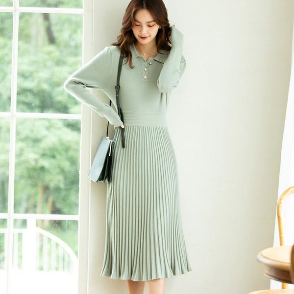 

women dress long sleeve elegant midi knitted a-line high waist black pleated party spring autumn winter vestidos casual dresses, Black;gray
