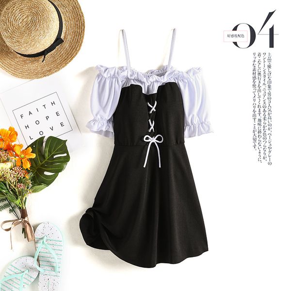 

one piece swimsuit for girls, slim and belly covered student style, conservative college style, fresh spring swimsuit, White;black