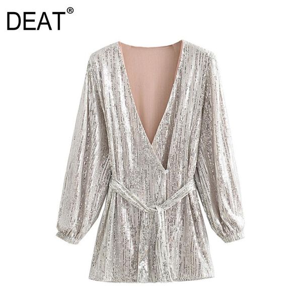 

casual dresses [deat] 2021 spring fashion tide personality v-neck long sleeve solid color sashes sequins temperament mini dress 13a820, Black;gray