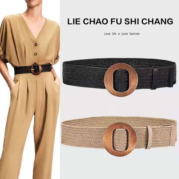 

belts woven elastic belt, fur, european and american style, all-match pants wooden round buckle, belt, Black;brown