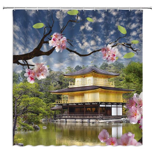 

landscape shower curtain decor asian vintage building peach forest lake spring nature green pink fabric bath curtains bathroom