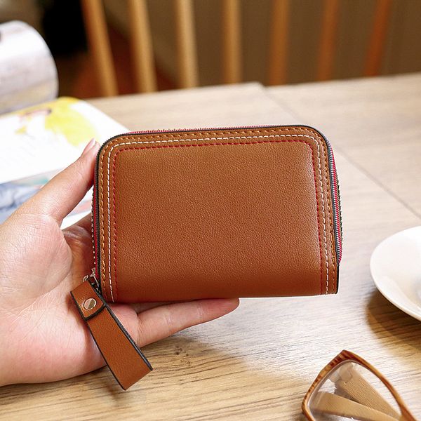 

design handbag 2021 new bag leather multi position short zipper zero wallet high grade cute clip small card cover, Brown;gray