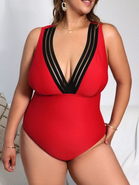 

plus mesh trim plunging one piece swimsuit h5c1#, Black