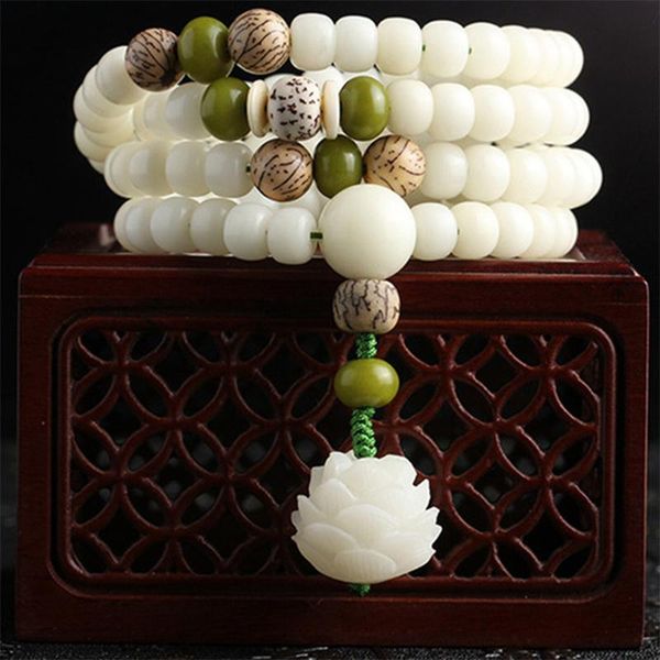 Colares pendentes White Jade Bodhi Mão Bracelete de corda 108 ROSÁRIO BUADAS BUADAS LOTUS LITERARY YOGA JOENS PRESENTES PARA AMORES OU