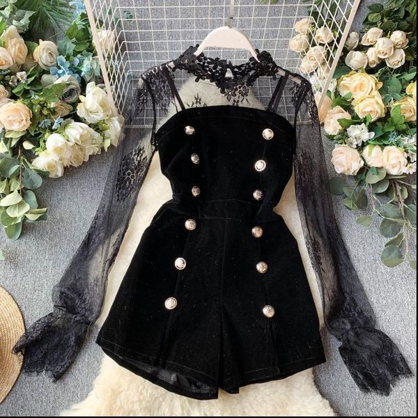 

retro british womens tracksuits style suit female sheer mesh lace shirt and strapless velvet jumpsuit two pieces sets fashion, Gray