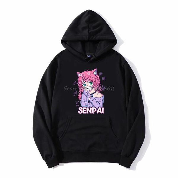

men's hoodies & sweatshirts kawaii pastel goth neko menhera funny anime senpai men hooded sweatshirt fleece streetwear jacket, Black