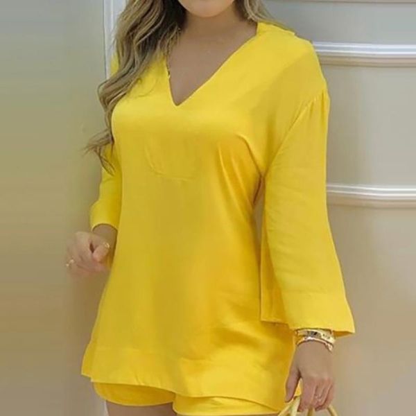 

women's tracksuits 2021 women plain bell sleeve v-neck long casual loose & shorts set summer solid streetewar suit sets plus size, Gray