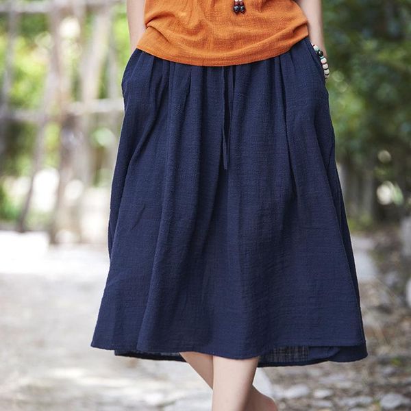 

skirts women loose elastic waist summer autumn ladies solid color vintage skirt female, Black