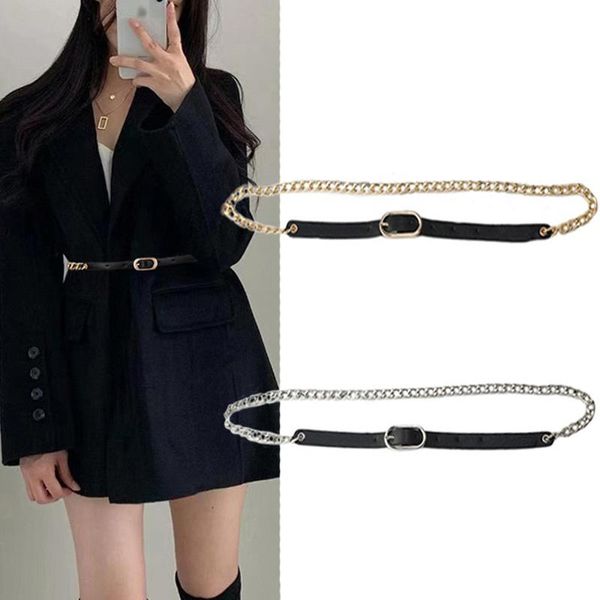 

belts punk metal leather chain belt for women luxury designer brand waist jeans dress female fashion decoration waistband, Black;brown