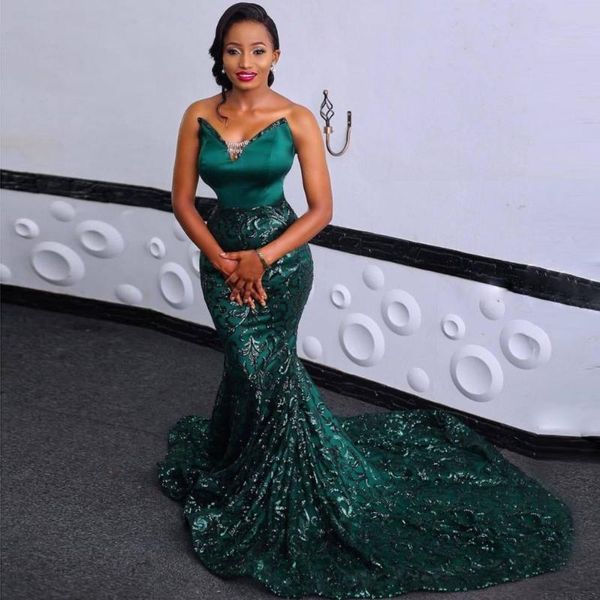 

party dresses dark green mermaid prom 2021 long sweetheart aso ebi african formal evening dress for women lace sweep train gowns, White;black