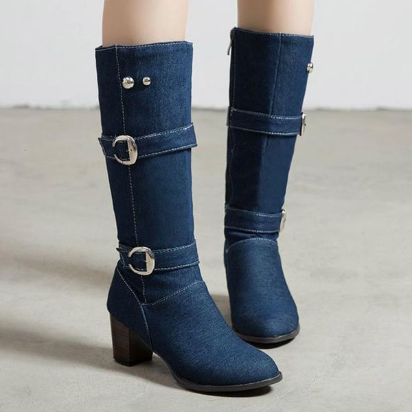 

boots women's denim winter ladies fashion keep warm square heel shoes casual long tube buckle zapatos de mujer efb4, Black