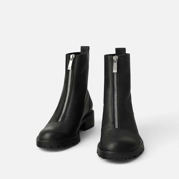 

boots thick heel short black round toe zipper 2021 spring and autumn women's