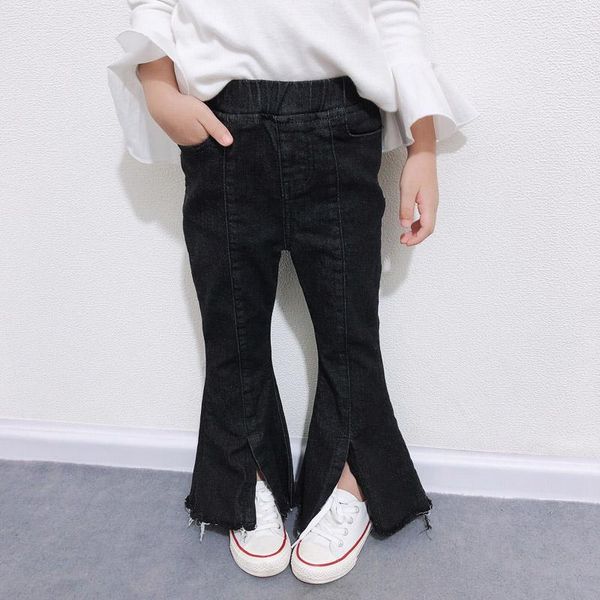 

jeans ankrt autumn and 2021winter korean girls' black elastic flared pants split mid waist children's versatile, Blue