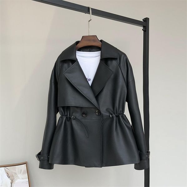 

nerazzurri spring black short faux leather jacket women drawstring long sleeve double breasted fall soft pu leather jackets 210916