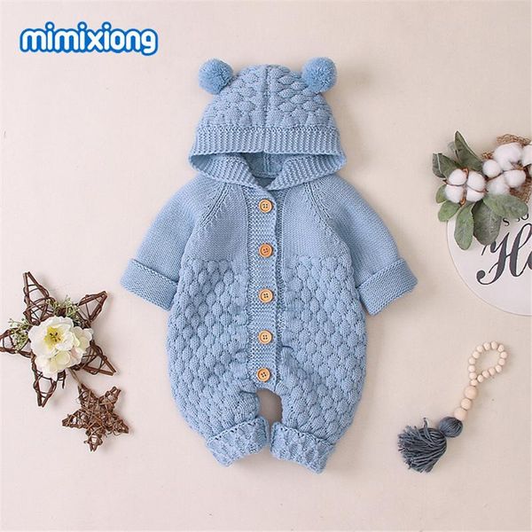 

jumpsuits born baby winter hoodie romper long sleeve knitted solid color button jumpsuit for girls boys, Blue