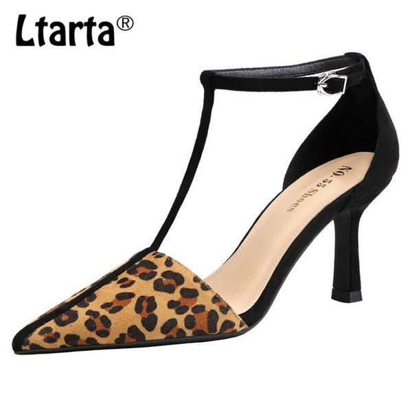 

7.5cm 2021 summer leopard pointed shallow mouth high heels color matching hollow fine heel women sandals lsj, Black