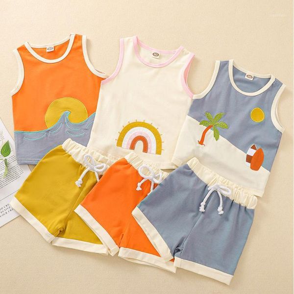 

clothing sets the baby rainbow beach embroidered vest and shorts set fashion children's casual printed sleeveless, White