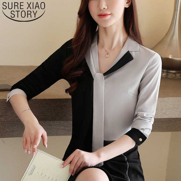 

spring elegant women clothes v-neck spliced shirt korean fashion clothing casual long sleeve chiffon blouse blusas 8472 50 210528, White