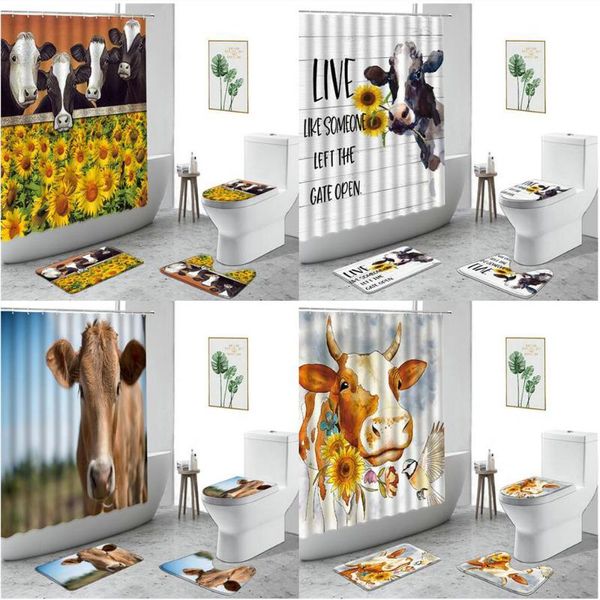 

shower curtains sunflower cow farm animal plants flowers bathroom decor curtain set non-slip carpet toilet cover bath screen rug