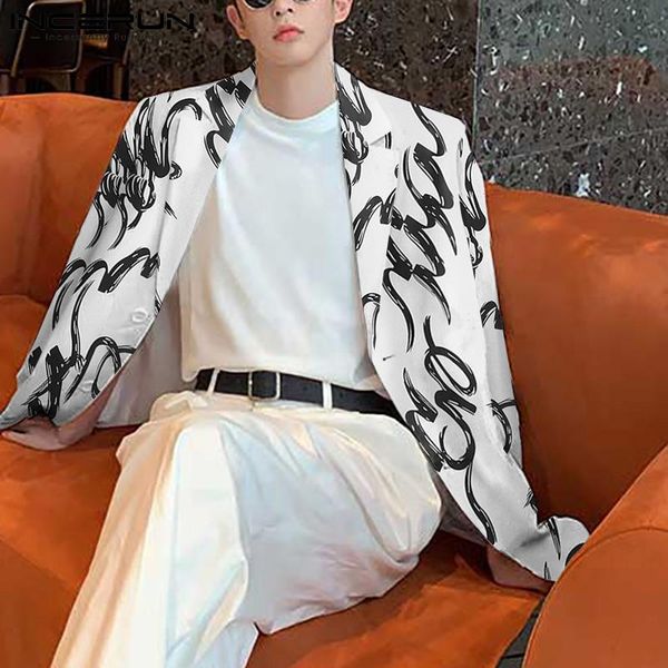 

men's suits & blazers incerun men printed blazer streetwear turn down collar long sleeve fashion casual button 2021 korean thin coats-5, White;black