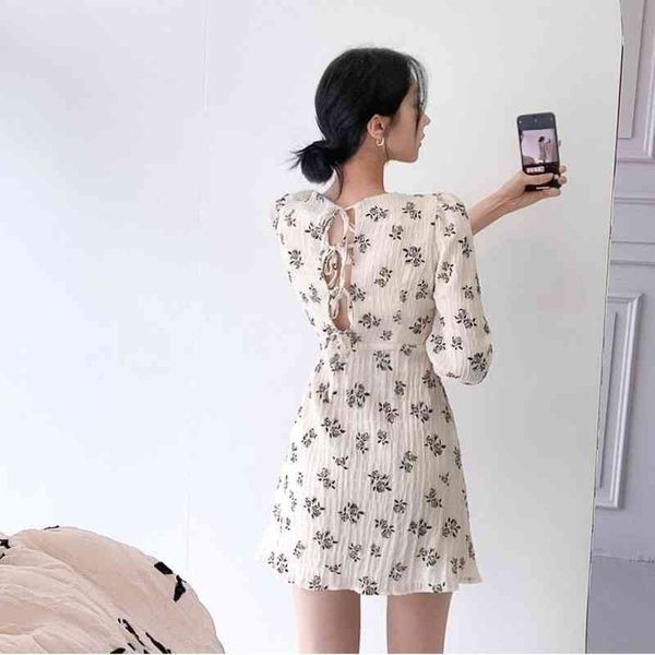 

dresses chic korean elegant retro temperament v neck puff long sleeve floral print back bandage dress women mini slim jacquard 210429, Black;gray