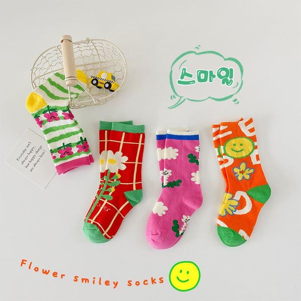 

socks girls cotton spring /autumn 2021 children's medium tube plaid flowers baby girl winter lovely 4 pairs, Pink;yellow