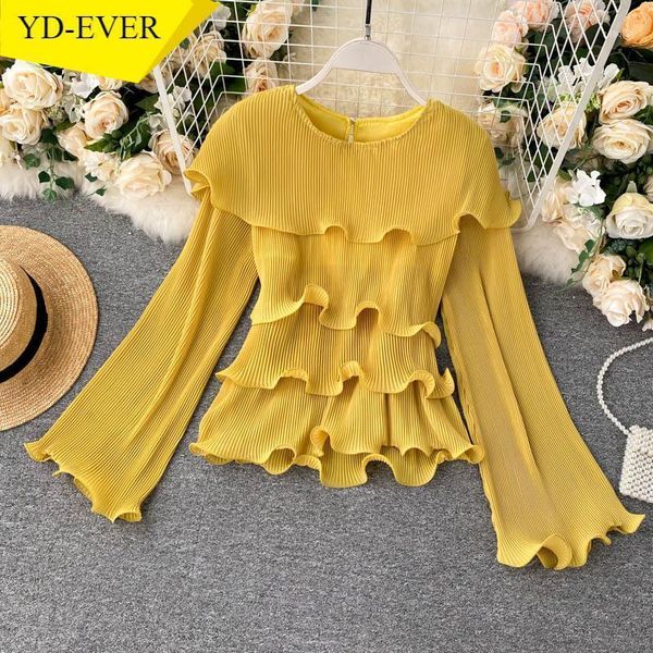 

women's blouses & shirts ins cascading ruffles design women blouse fashion fresh o-neck flare sleeve femme blusas pleated chiffon all, White