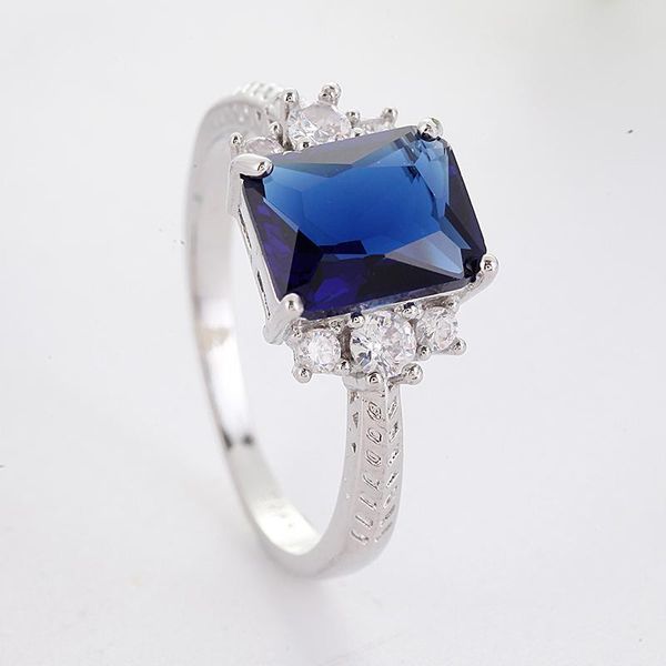 

cluster rings classic women royal-blue stone silver color ring fashion lady engagement wedding bands jewelry for female friend gift, Golden;silver