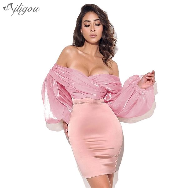 Verão Mulheres Cetim Mini Lanterna Sleeve Sexy Banquete Vestido Strapless Drapeamento Apertado Elegante Vestidos 210525