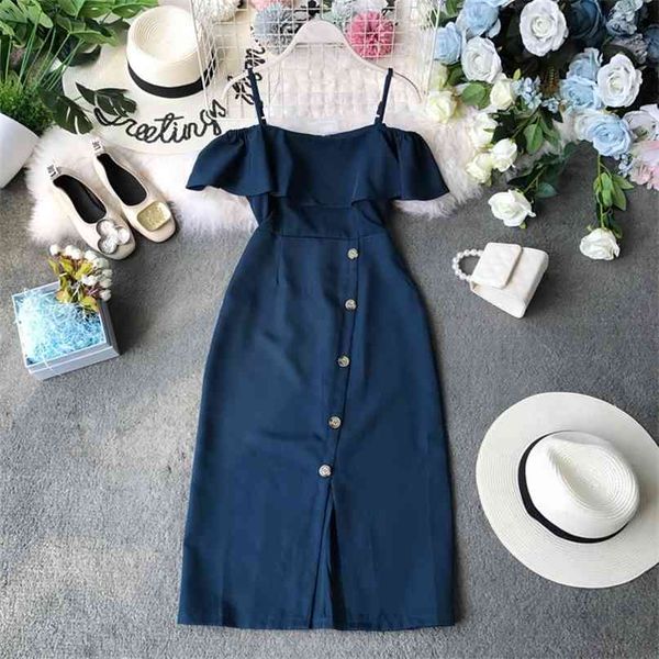 

ruffled slash neck single-breasted casual dress women high waist short sleeve elegant vestidos f948 210527, Black;gray