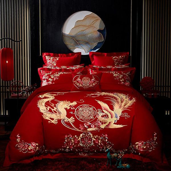 

bedding sets luxury gold phoenix loong flowers embroidery chinese red wedding cotton set duvet cover bed pillowcase sheet bedspread