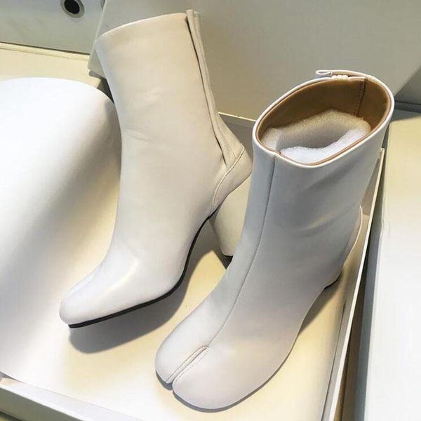 

boots spring fashion split toe women chunky round high heels cow leather botas mujer 2021 brand design shoes, Black