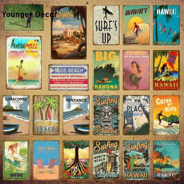 

surfing hawaii metal poster nude beach tin signs vintage art wall decoration cafe bar room outdoor decor ocean plaque yi-140