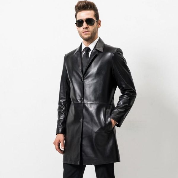 

men's leather & faux england style mens business real long jacket spring autumn lapel sheepskin formal coat brand windbreaker, Black