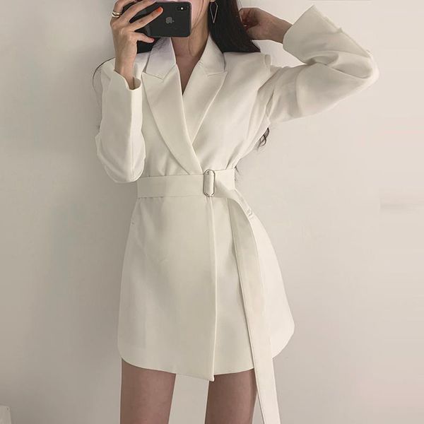 

elegant long blazers women office jacket 2021 casual solid color lace up blazer coat autumn notched collar outwear femme women's suits, White;black