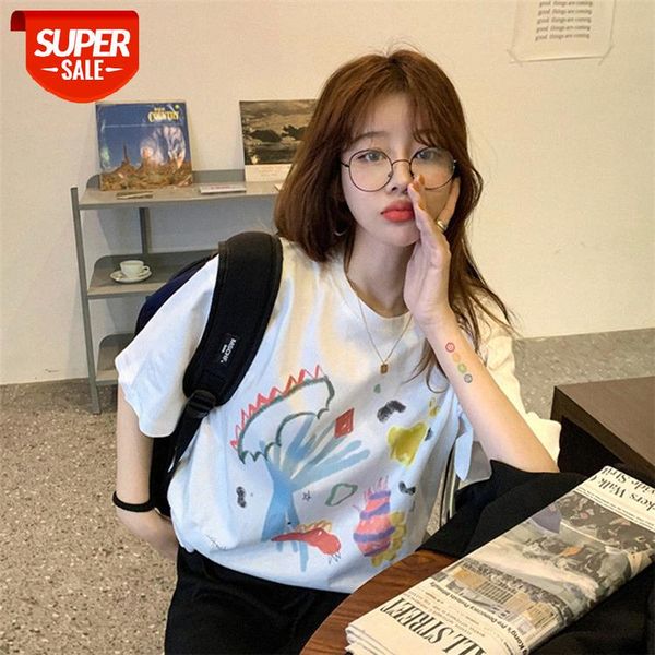 

new korean version of japanese graffiti print mid-length loose white bottoming short-sleeved t-shirt women #8u2n