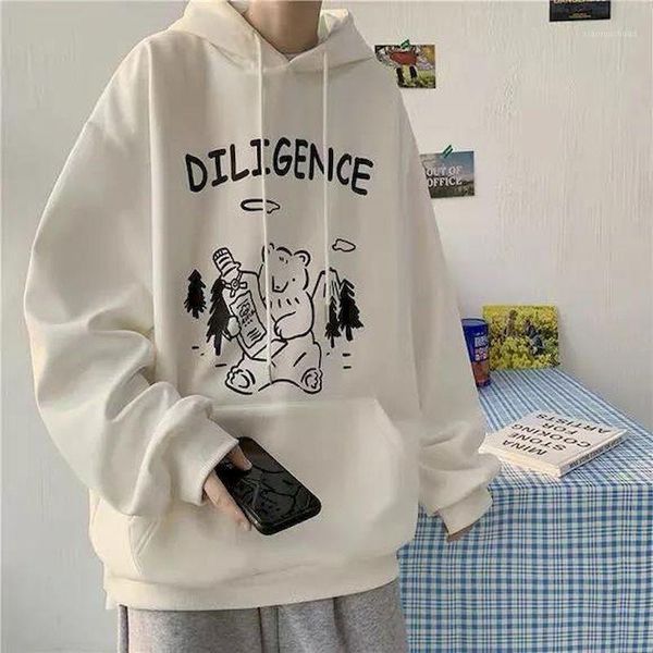 

men's hoodies & sweatshirts fonekie 100%cotton mens loose korean cartoon print thin and thicken hooded pullover fall winter student ani, Black