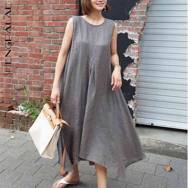 

shengpllae minimalist sleeveless cotton hemp dress women's summer round neck loose back button irregular mid-calf dresses 210427, Black;gray
