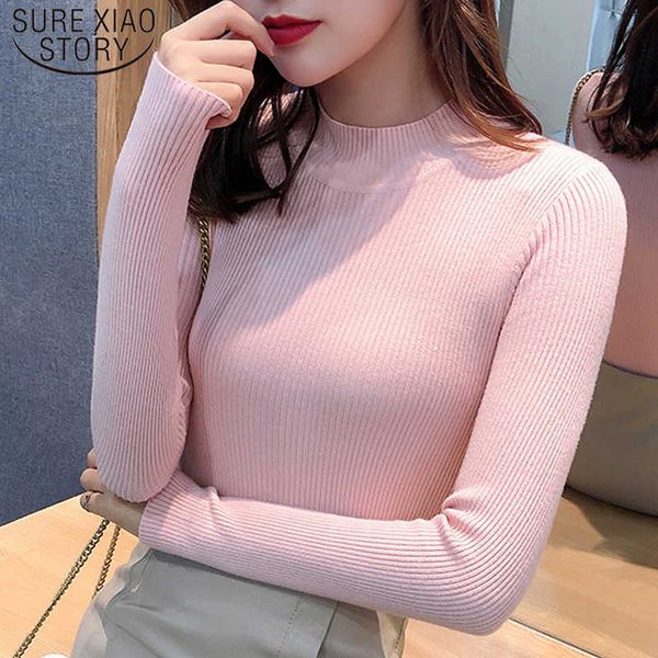 

autumn slim long sleeve elasticity knitted women sweaters winter half high collar pullover solid turtleneck sweater 7707 50 210527, White;black