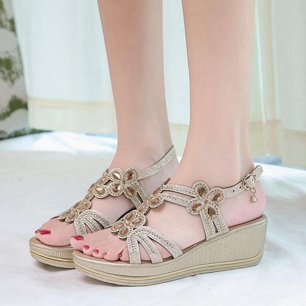 

women sandals fashion gladiator open toe crystal wedges slope heels buckle strap ankle wrap rhinestone bling sandal casual party summer shoe, Black