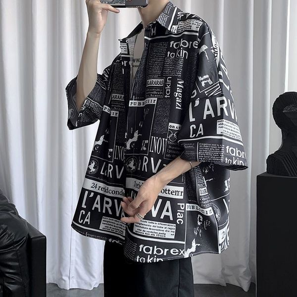 

men's casual shirts and women's short sleeved spaper shirts, wrinkle resistant flower loose japanese art, student clothes, neutral, White;black