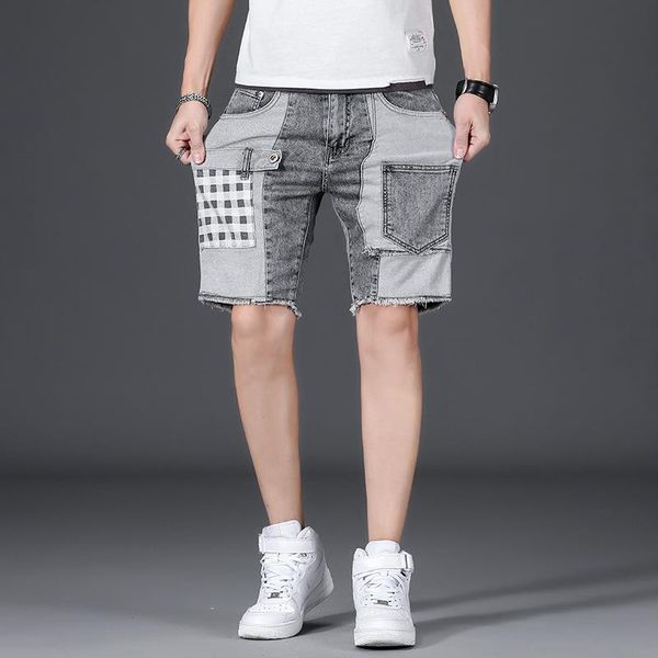 

men's shorts summer gray denim knee length patchwork lattice pocket design stitching hip-hop street self-cultivation jeans, White;black