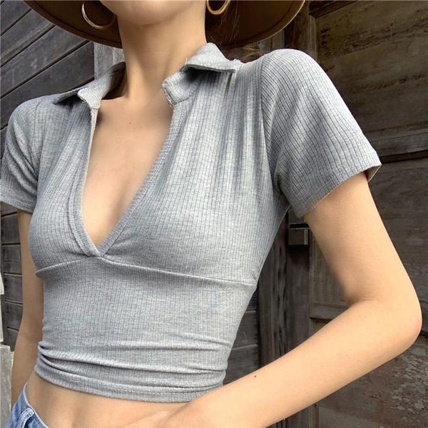 

women's t-shirt summer club v-neck t shirt for women low-cut fashion brand female crop korean clothes solid tees ladies, White
