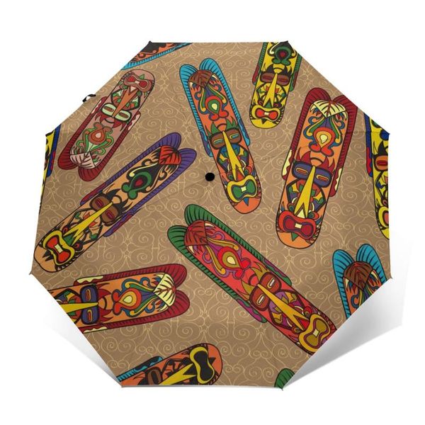 

umbrellas wind resistant fully-automatic umbrella tribal african mask ethnic rain 3 folding parasol travel car
