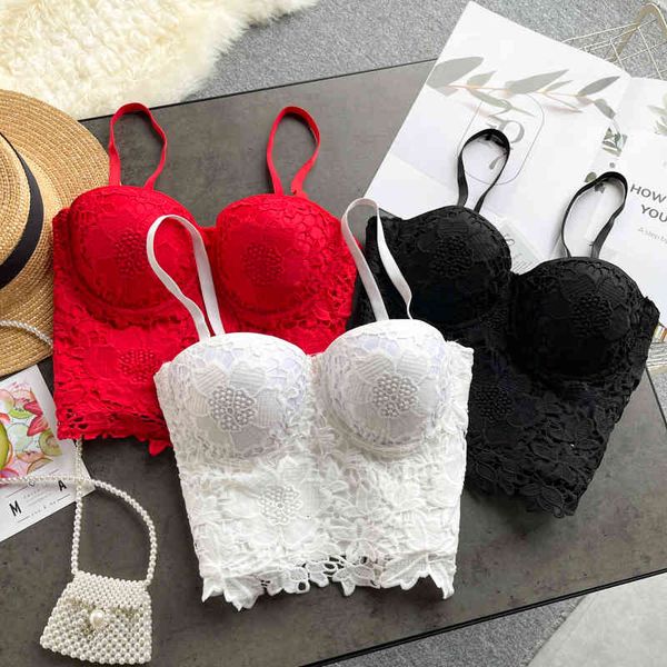 

bras new arrival floral lace crop solid women summer camisole elegant streetwear adjustable strap padded corset bra camis, Red;black