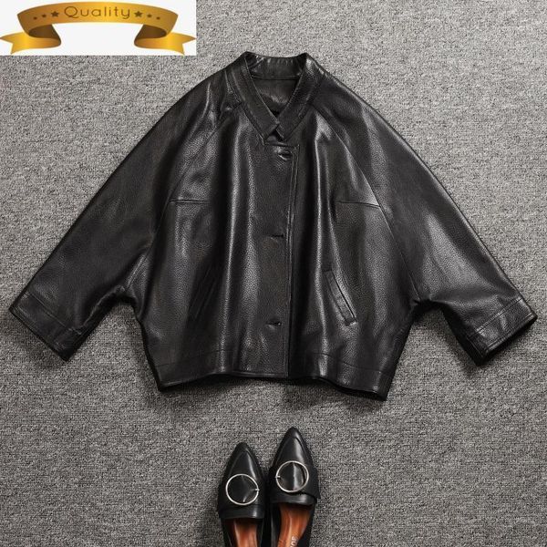 

real jacket leather women korean autumn clothes vintage sheepskin coat female biker oversized jackets kj8114 women's & faux, Black