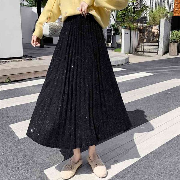 

autumn & summer arrival korean version gilded pleated mesh skirt vintage high waist slim 210527, Black