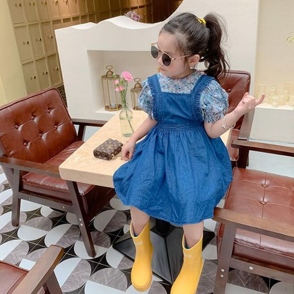 

baby girls sleeveless cowboy braces dresses children summer kids girl princess clothing 210429, Blue