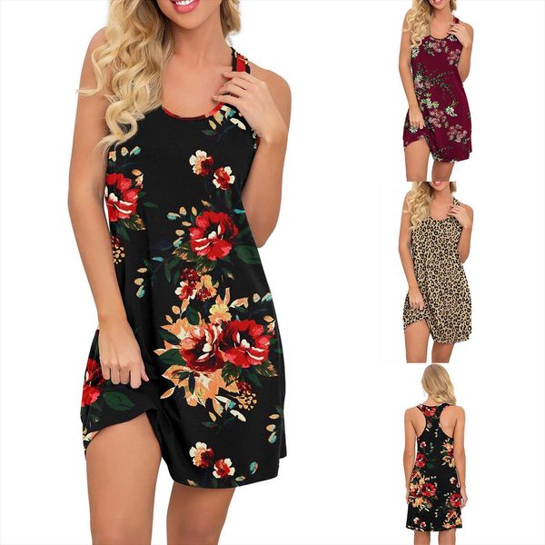 

summer printdresses round neck nightdress womens dresses beach sleeveless d4, Black;gray