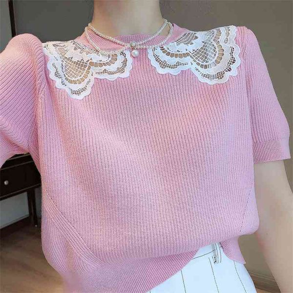 

women's knits & tees 2021 spring summer o-neck hollow out lace patchwork sweater women sweet pink short sleeve knitted pullover fa, White